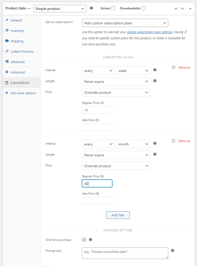 添加計劃 - 購買一次或訂閱 woocommerce 訂閱