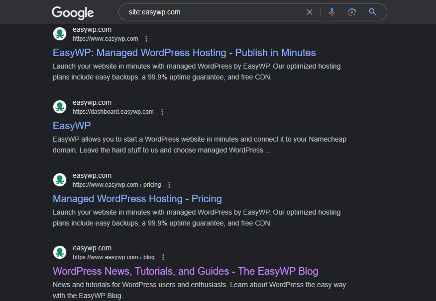 EasyWP の結果を含む Google 検索エンジンの結果ページ