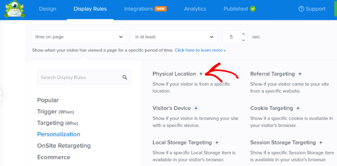 Pilih aturan tampilan lokasi fisik Select physical location display rule