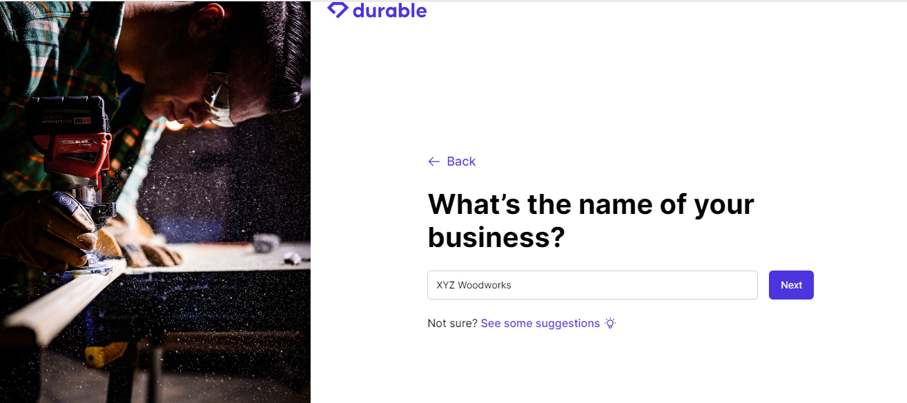 Memasukkan nama untuk bisnis Anda di Durable.