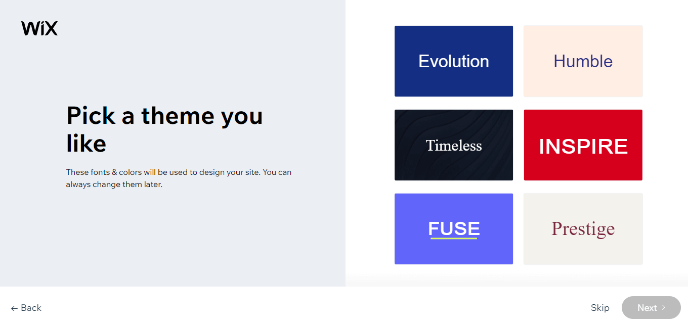 Memilih tema untuk pembuat situs web Wix AI.