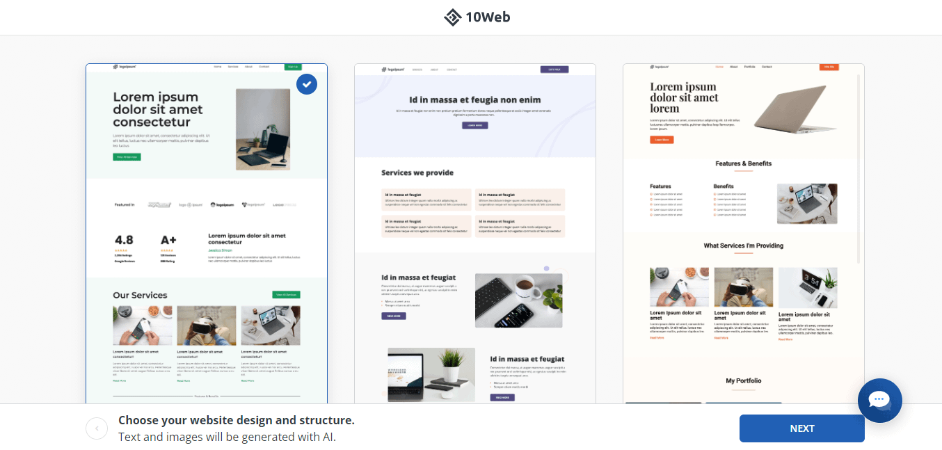 Memilih desain di 10Web.