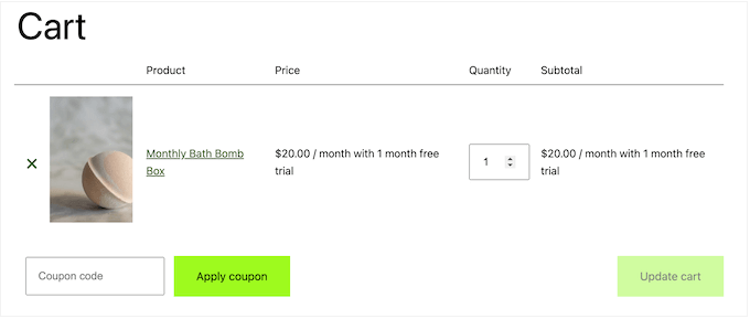 WooCommerce 商店的免费试用订阅示例 An example of a free trial subscription on a WooCommerce store