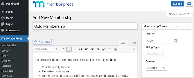 使用 MemberPress 向网站添加会员级别 Adding a membership level to a website using MemberPress