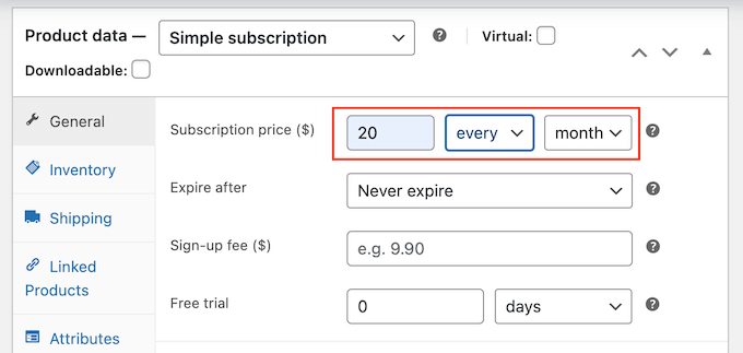 设置 WooCommerce 订阅价格 Setting the WooCommerce subscription price