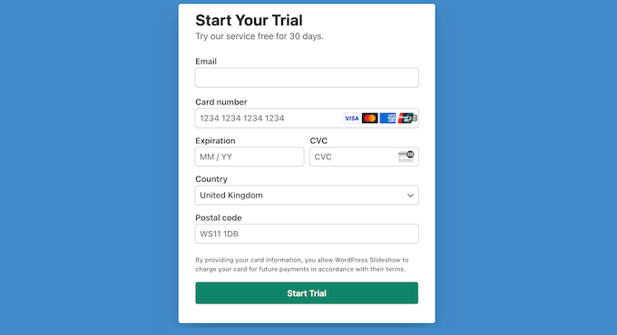 使用 WP Simple Pay 创建的订阅表单示例 An example of a subscription form, created using WP Simple Pay