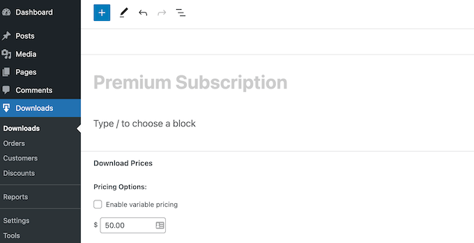 在 WordPress 中向数字产品添加定价选项 Adding pricing options to a digital product in WordPress