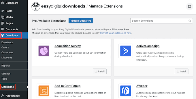 安装 Easy Digital Downloads 扩展 Installing Easy Digital Downloads extensions