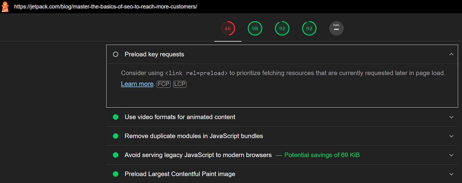 suggestions de performances de Google Lighthouse