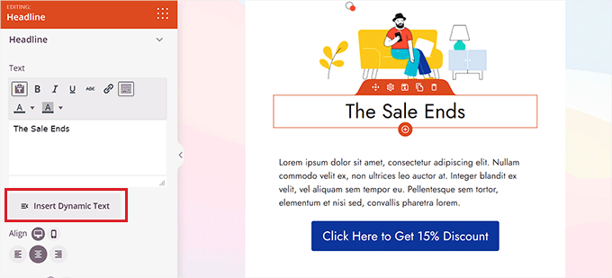 「ダイナミックテキストの挿入」ボタンをクリックします Click the Insert Dynamic Text button