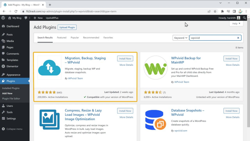 Pesquise o plug-in WPvivid