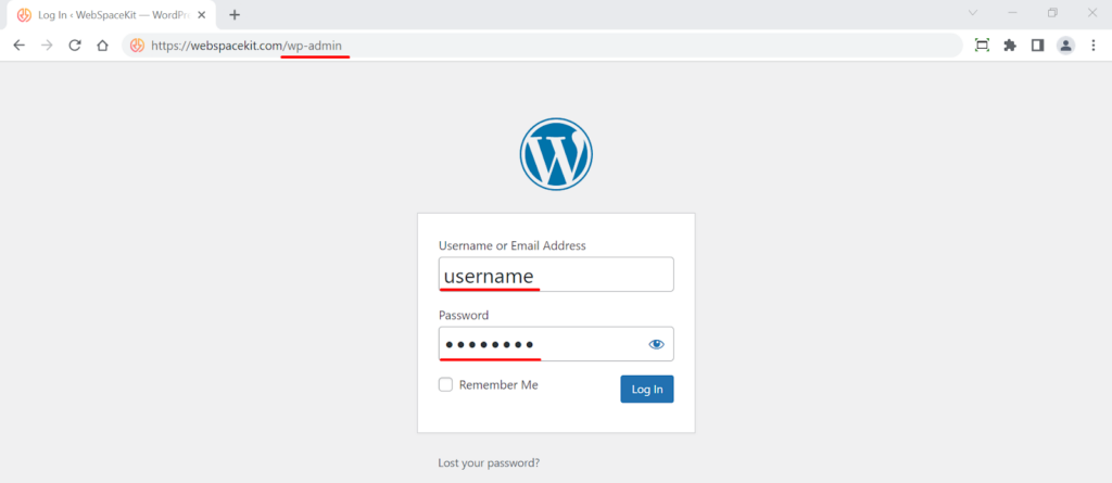 Configurando um novo site de teste do WordPress - Etapa 1: página de login do WordPress
