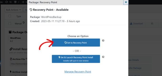 انقر فوق تعيين إلى خيار نقطة الاسترداد Click set to recovery point option
