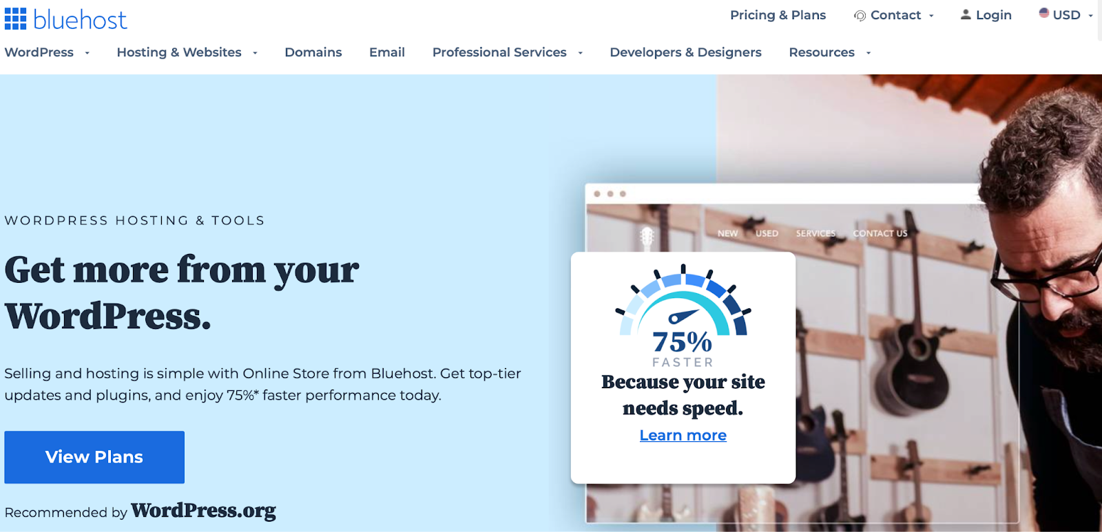 Страница хостинга WordPress Bluehost