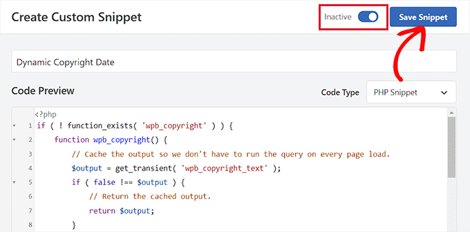 احفظ مقتطف الشفرة لإضافة تاريخ حقوق النشر الديناميكي Save the code snippet for adding dynamic copyright date