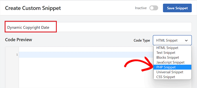 اختر PHP كنوع رمز لرمز تاريخ حقوق النشر الديناميكي Choose PHP as code type for the dynamic copyright date code