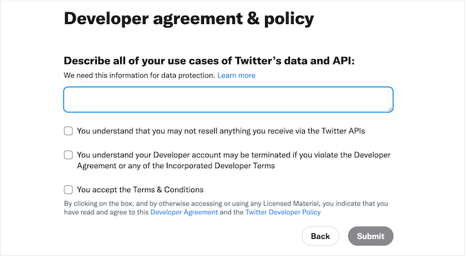 Acceptarea termenilor pentru dezvoltatori Twitter Agreeing to the Twitter Developers terms