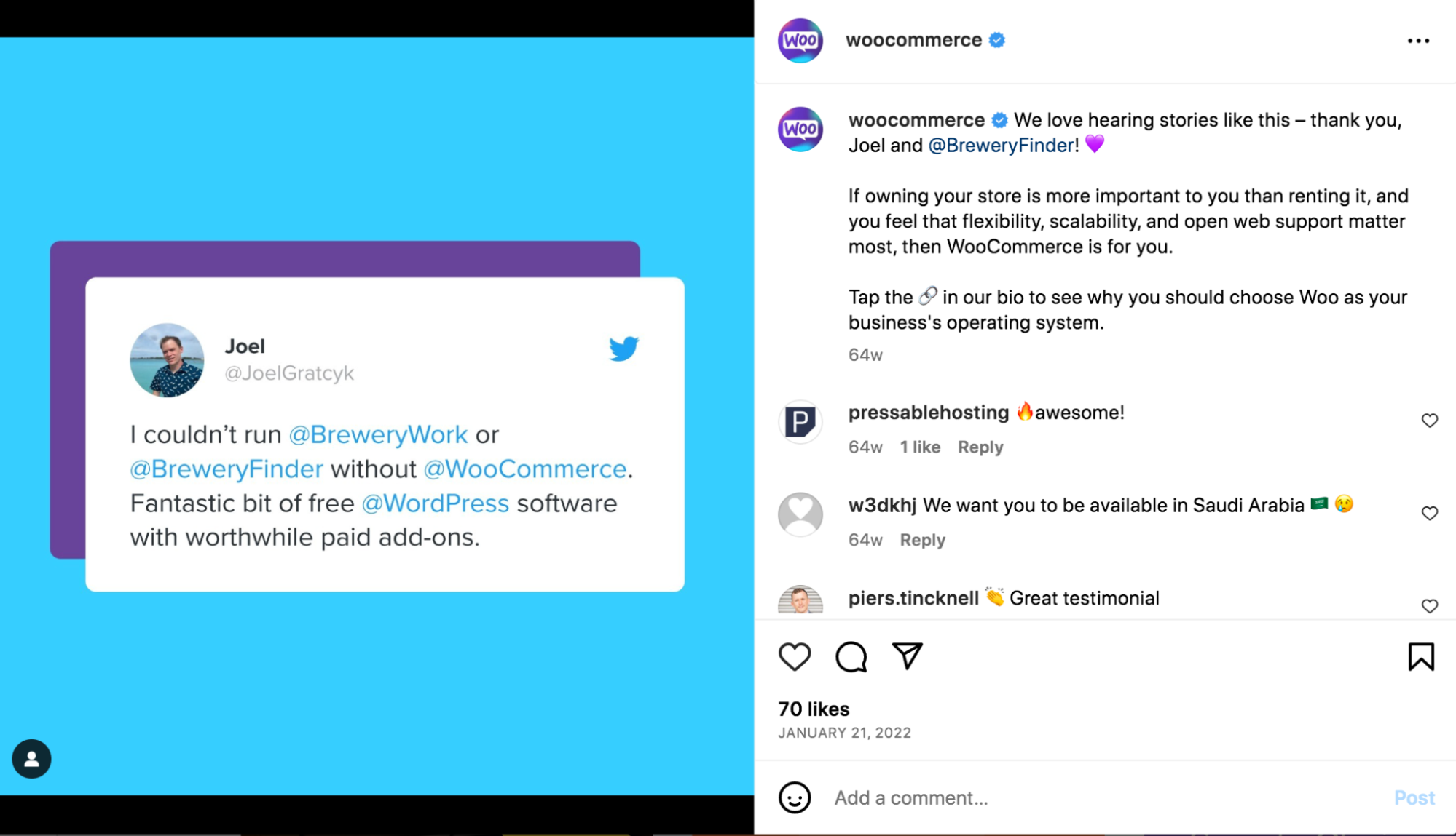 ตัวอย่างข้อความรับรองของลูกค้าบน WooCommerce Instagram