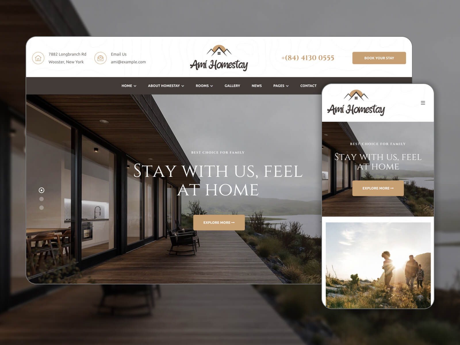 สแนปชอตของ Ami Homestay - ที่พักพร้อมอาหารเช้าออกแบบอย่างมืออาชีพ ธีม Elementor ในชุดสีหิมะ ดำ เทาเข้ม เทา และสลาเทกเกรย์เข้ม