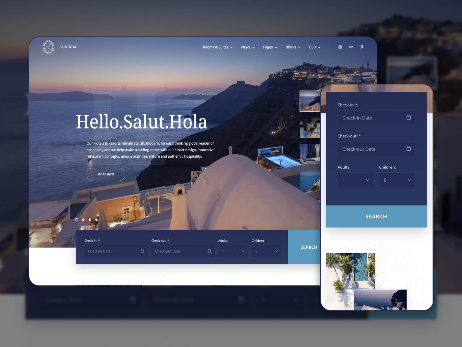 ภาพหน้าจอของ Luviana - เทมเพลต B&B WordPress ที่เชื่อถือได้ในการไล่ระดับสีสลัว, ควันขาว, สลาเทกเกรย์, สีเทาและสีดำ