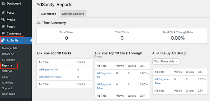 การดูรายงานโฆษณาในแดชบอร์ด WordPress Viewing advertisement reports in the WordPress dashboard