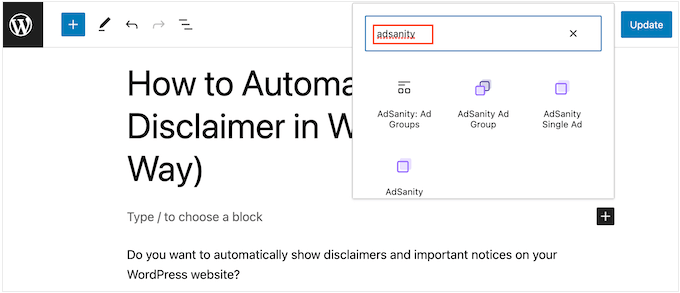การเพิ่มบล็อก AdSanity ในเพจหรือโพสต์ Adding AdSanity blocks to a page or post