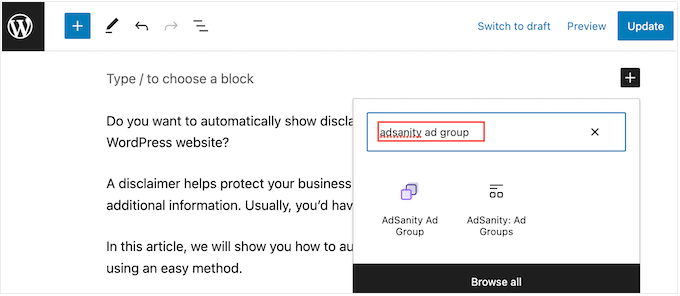 การเพิ่มบล็อก AdSanity Ad Group ในเว็บไซต์ WordPress ของคุณ Adding an AdSanity Ad Group block to your WordPress website