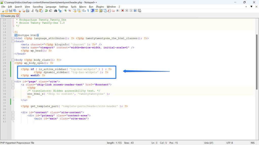 codice per visualizzare l'area del widget nel file di intestazione
