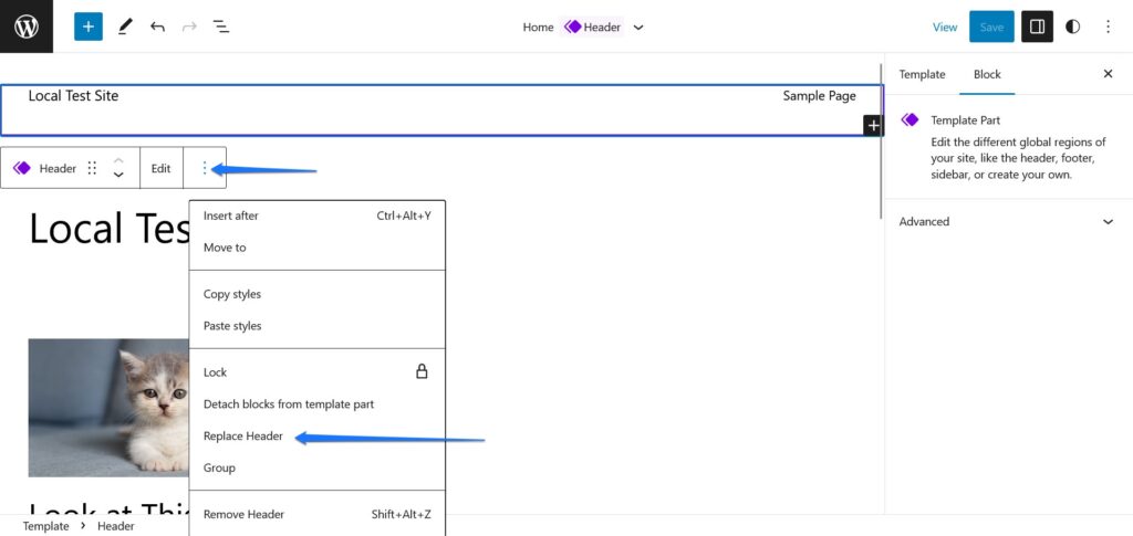 sostituire la parte del modello di intestazione nell'editor del sito