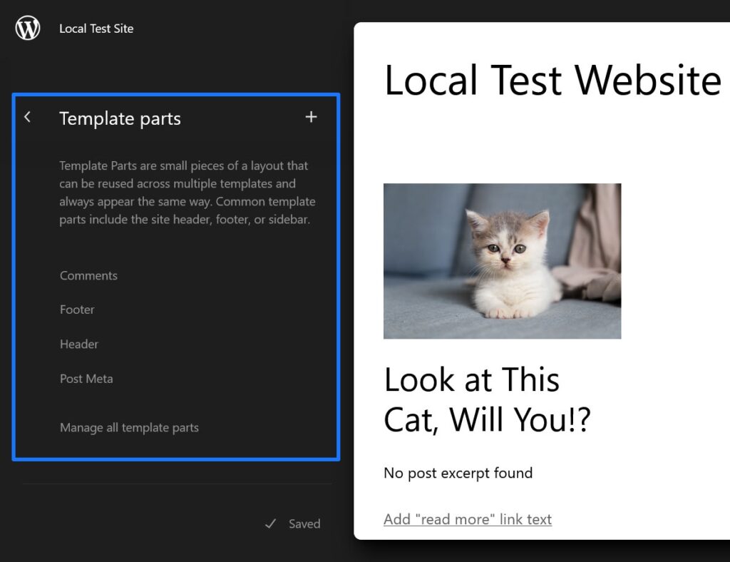 parti del modello disponibili nell'editor del sito wordpress