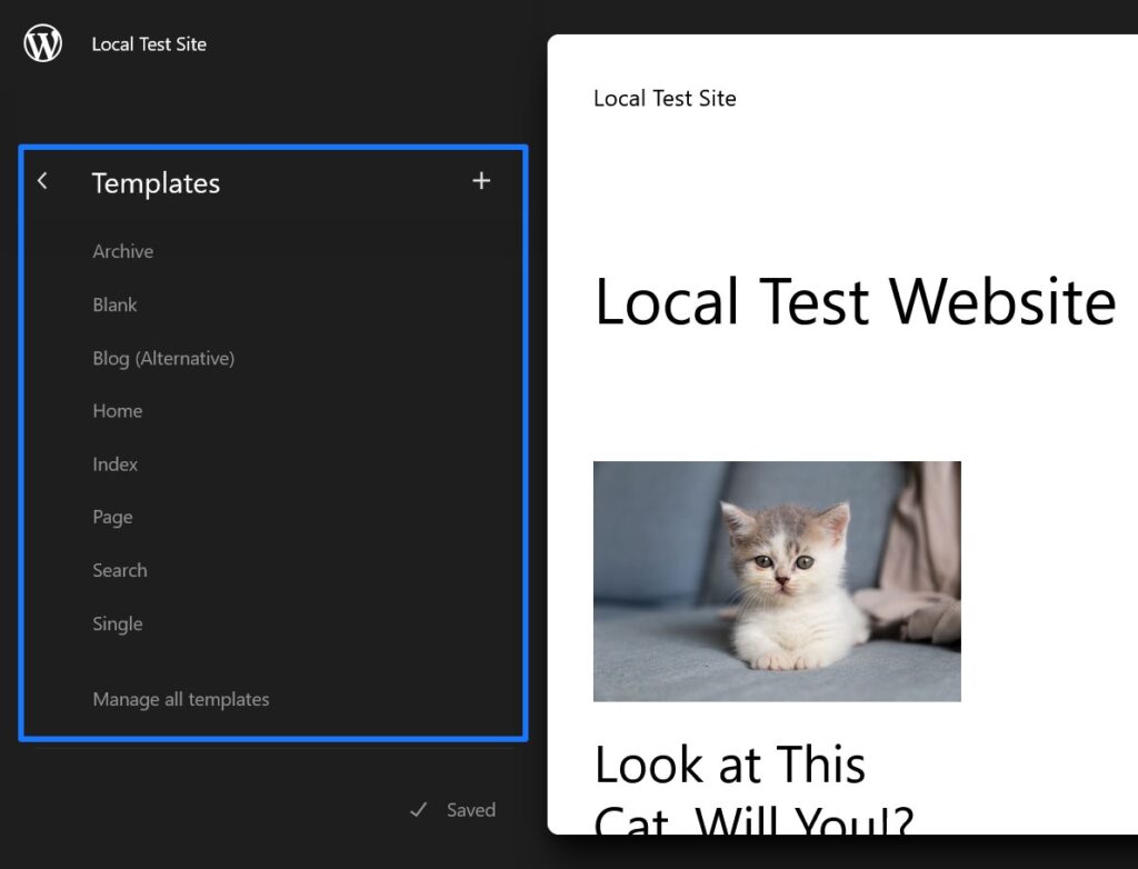 modelli di pagina disponibili nell'editor del sito