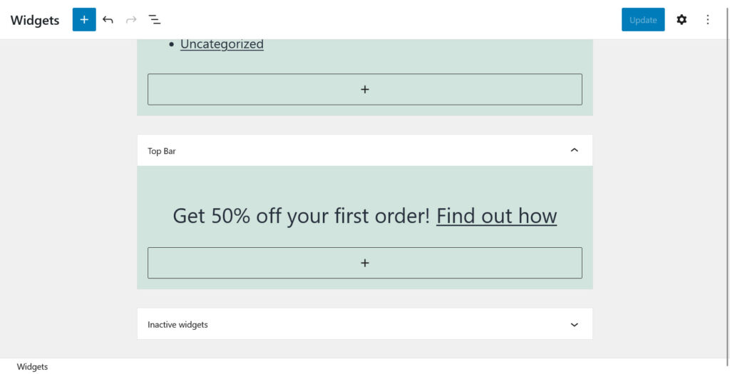 nuova area widget nel back-end di wordpress