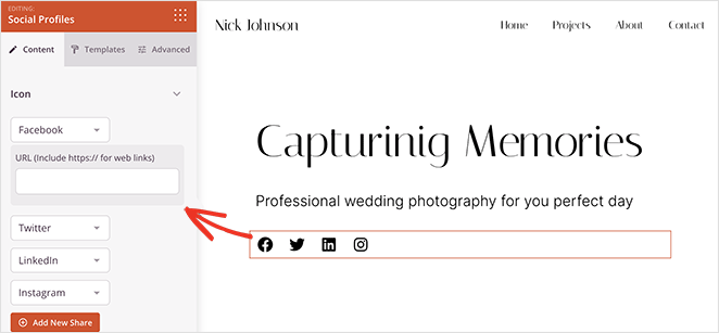 personalizzafotografiasitowebsocialicons SeedProd Customize photography website social media icons