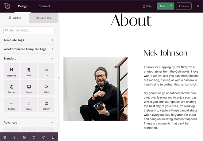 customaboutpagecontent SeedProd Custom photography website about page content