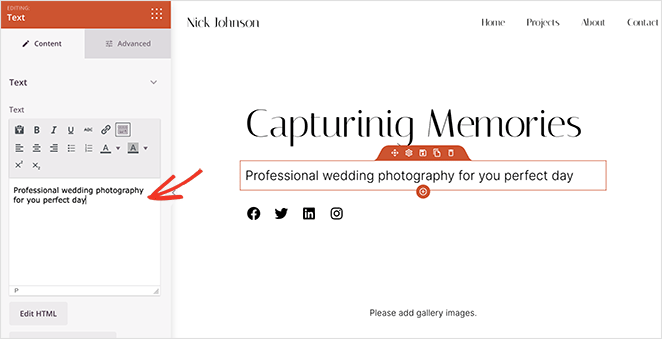 personalizzafotografiasitowebtesto SeedProd Customize photography website text content