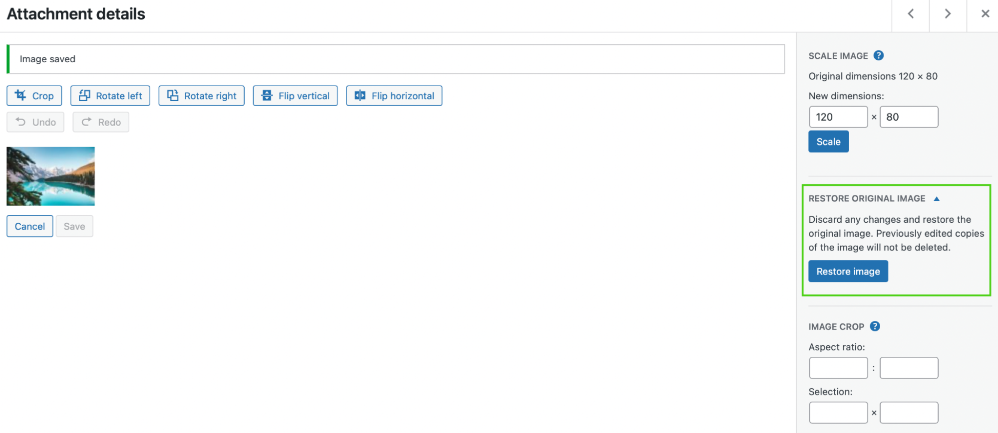 WordPress'te bir görüntüyü geri yükleme seçeneği