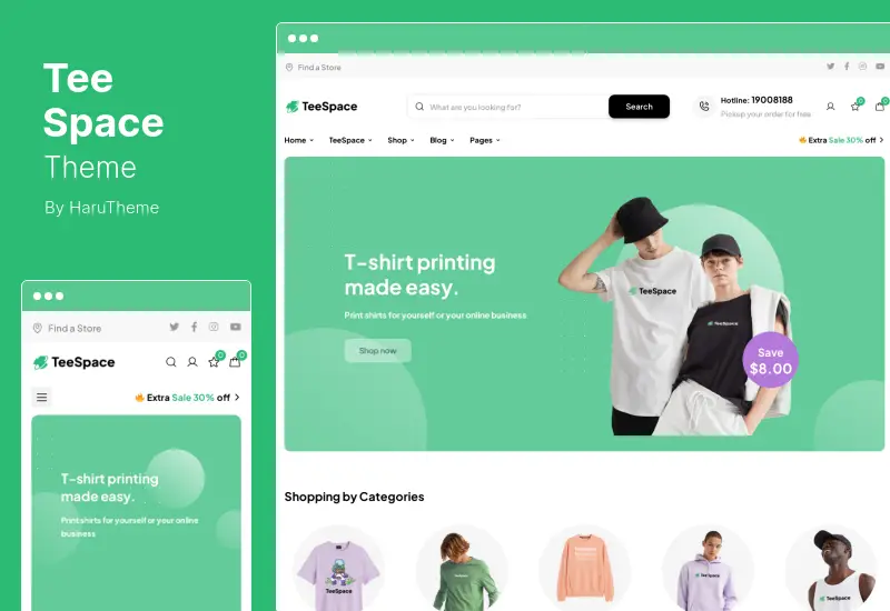 TeeSpace テーマ - カスタム T シャツ デザイナーの印刷 WordPress テーマ
