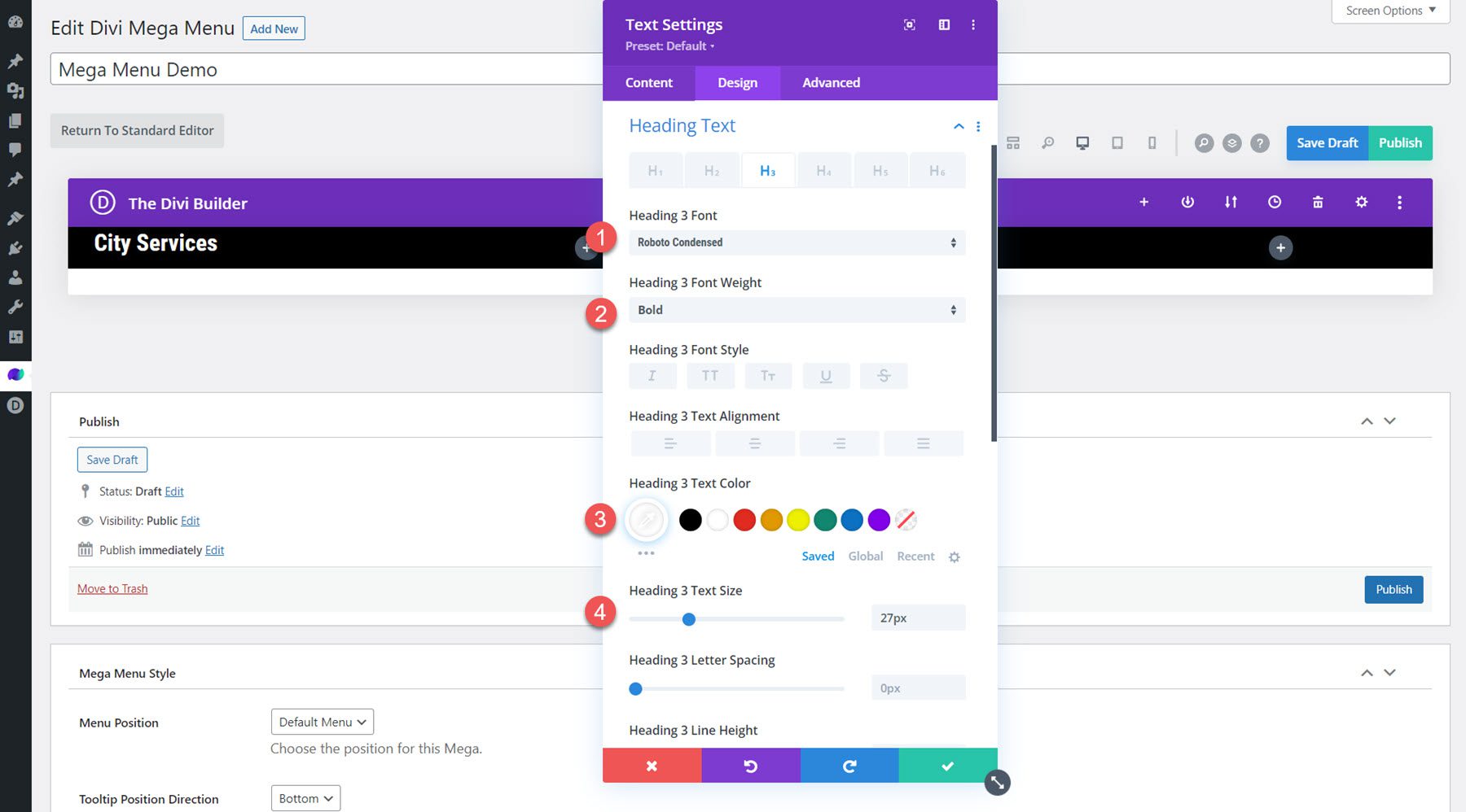 Divi Mega Meniu Mega drop-down Aspect modul text Titlu