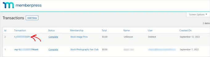 การดูรายการธุรกรรม MemberPress Viewing the MemberPress Transactions List