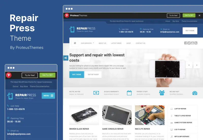 ธีม RepairPress - GSM, ธีมร้านซ่อมโทรศัพท์ WordPress