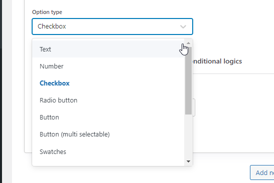 types d'options - logique conditionnelle des addons de produits woocommerce