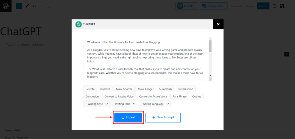 Présentation de PostX ChatGPT Addon : le générateur de contenu WordPress AI 10 Importing ChatGPT Blogpost