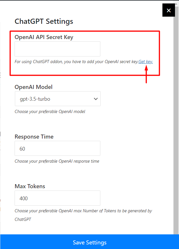 Présentation de PostX ChatGPT Addon : le générateur de contenu WordPress AI 5 OpenAI API Secret Key Box