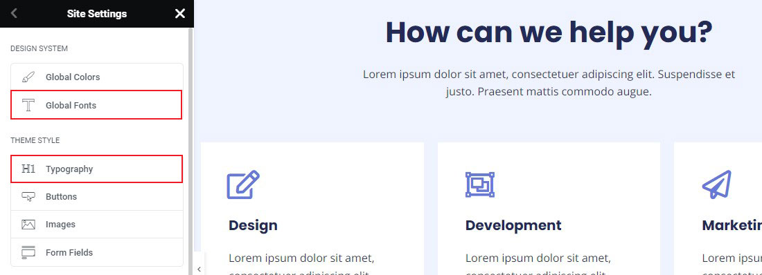 Elementor Global Fonts and Typography