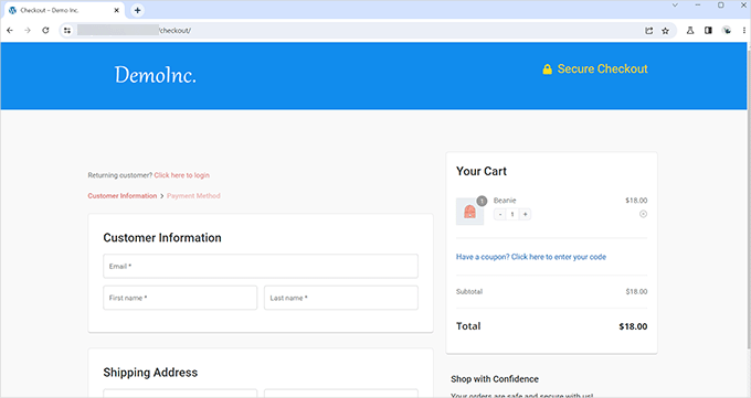 Vista previa de la página de pago personalizada Previewing custom checkout page