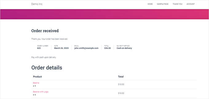 Página de agradecimiento predeterminada en WooCommerce Default thank you page in WooCommerce
