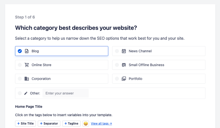 AIOSEO ウィザードでウェブサイトの種類を選択 - IsItWP - 無料の WordPress テーマ検出ツール AIOSEO wizard choose type of website