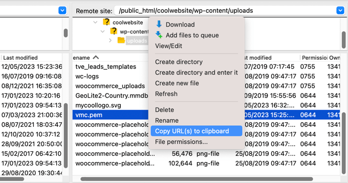Kopieren der vmc.pem-URL mithilfe eines FTP-Clients Copying the vmc.pem URL Using an FTP Client
