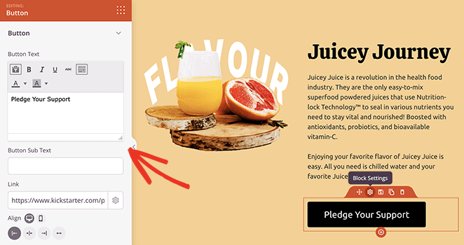 Кнопка призыва к действию SeedProd Kickstarter landing page call to action button