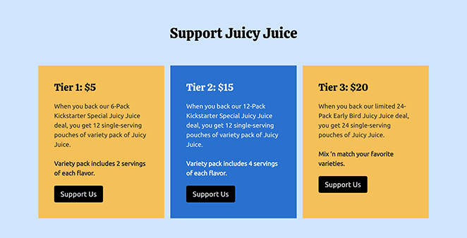 Kickstarterlandingpagerewardtiers SeedProd Kickstarter landing page rewards and CTA